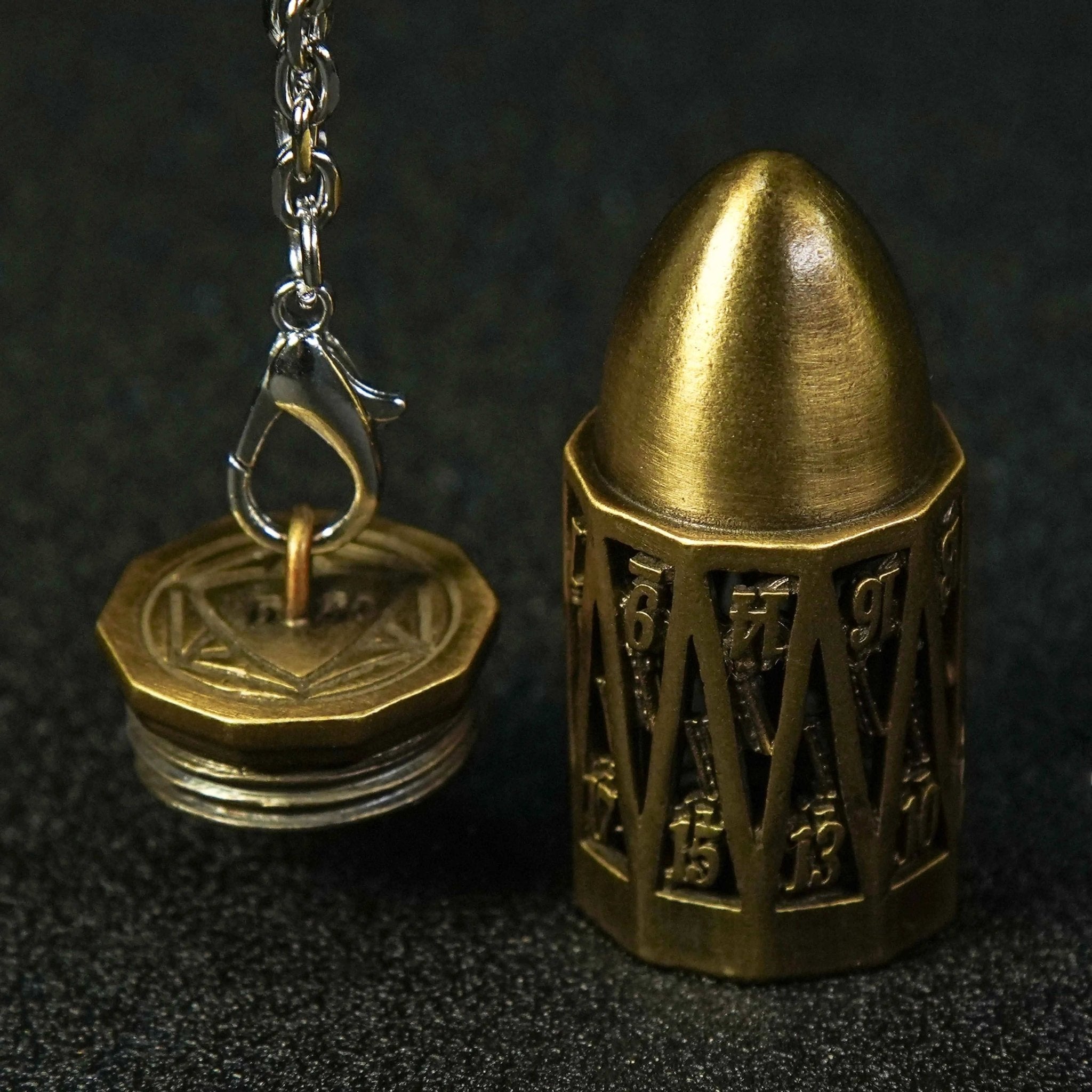 Unique Bullet Shape Antique Gold Hollow Metal D20 Dice Cage Necklace + Mini Dice Set - Bear Dice