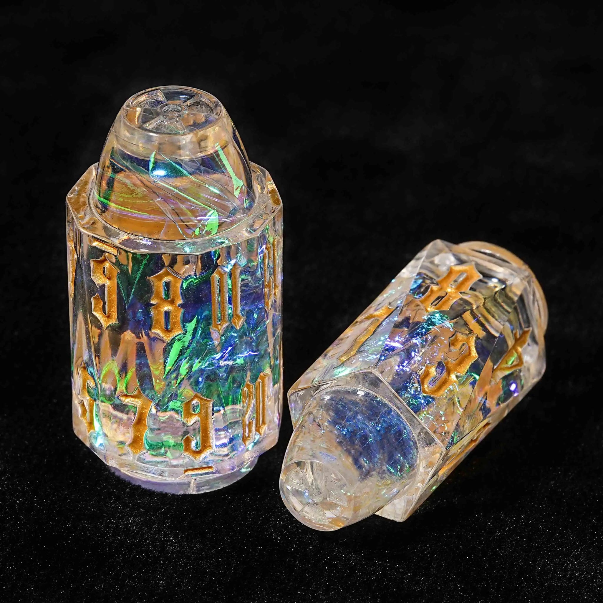 Unique Bullet Shaped Clear Resin DND Dice Set + Gold Characters - Bear Dice