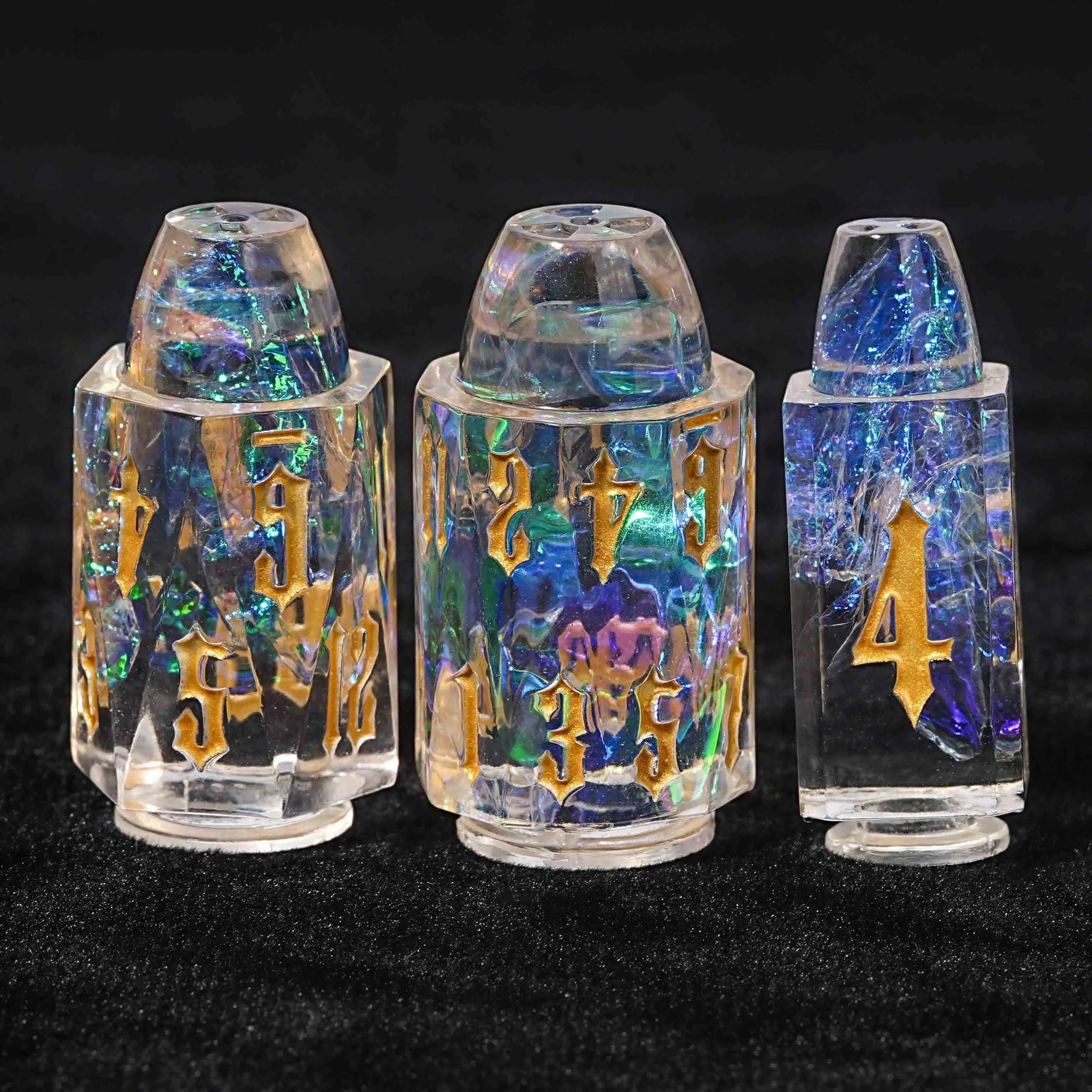 Unique Bullet Shaped Clear Resin DND Dice Set + Gold Characters - Bear Dice