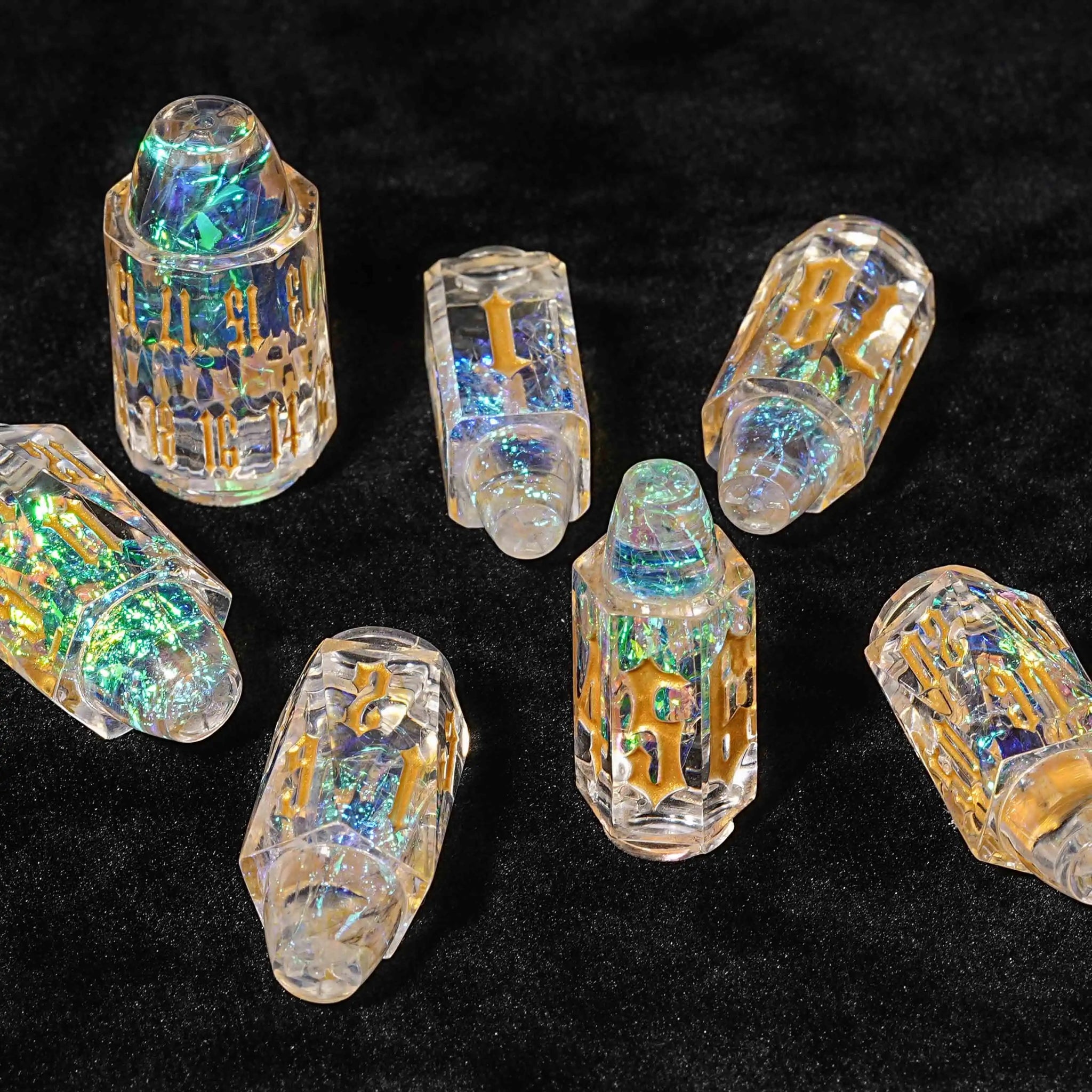 Unique Bullet Shaped Clear Resin DND Dice Set + Gold Characters - Bear Dice