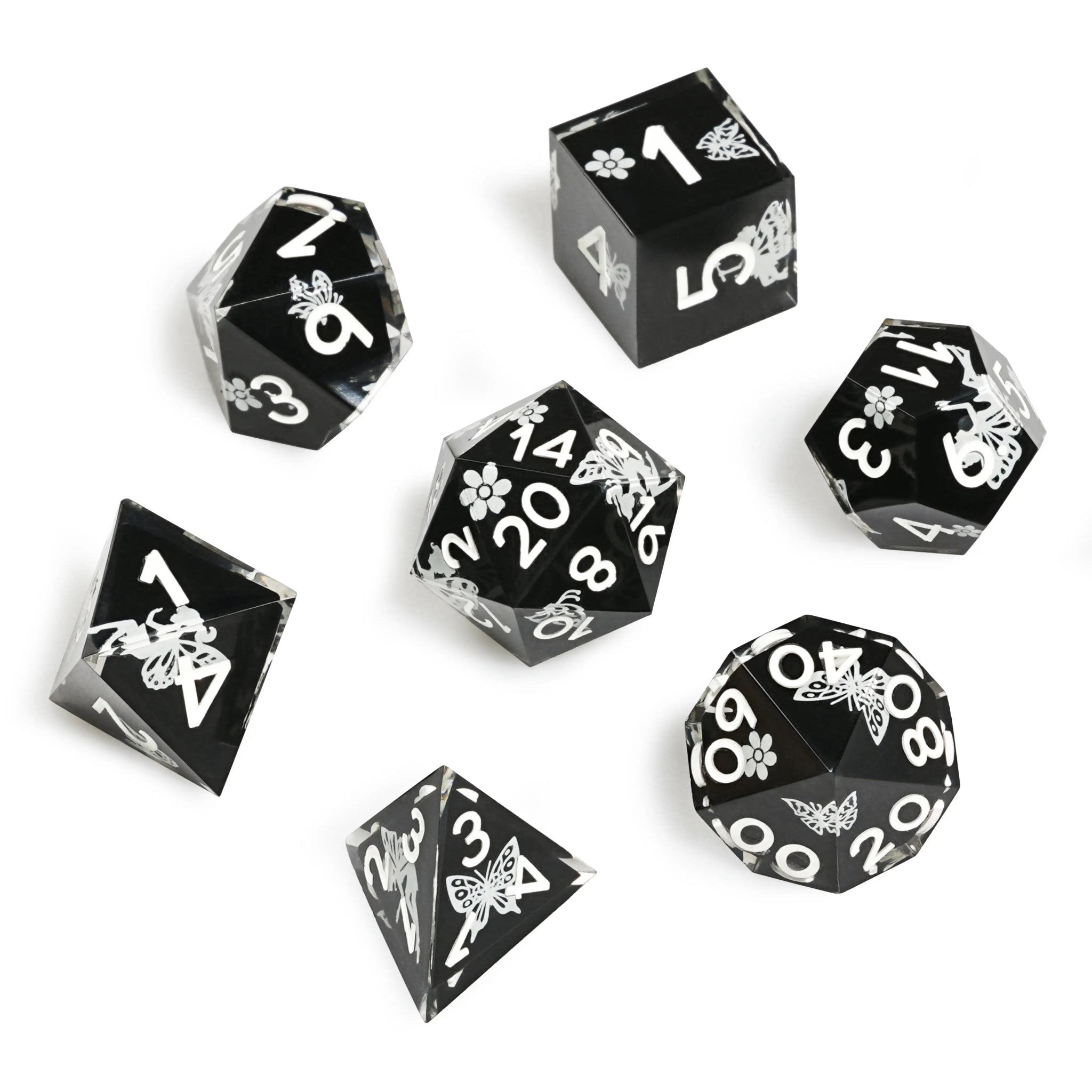 Unique cool luminous dnd dice: black resin butterfly flower fluorescent green dice set - Bear Dice