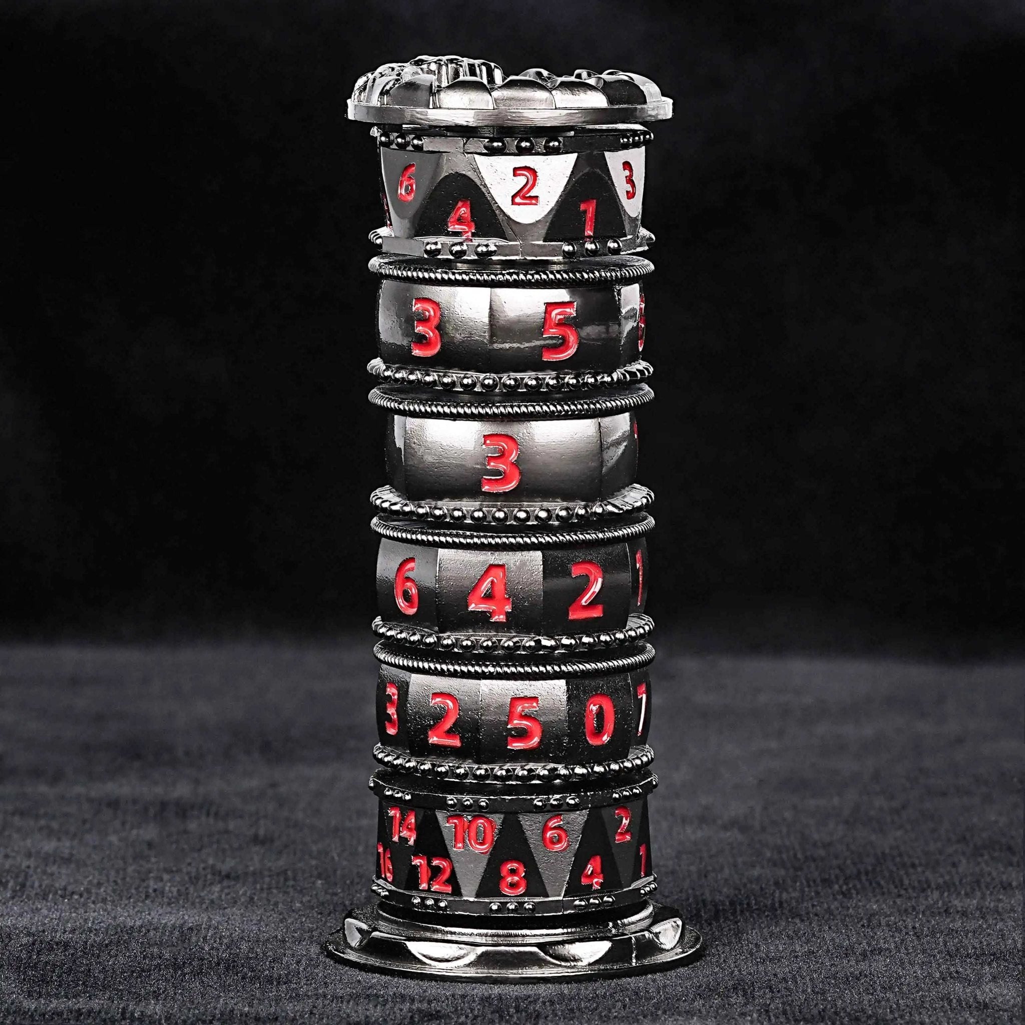 Unique dice tower spinner: black cylinder multi - layer rotating metal dnd dice + red numbers - Bear Dice