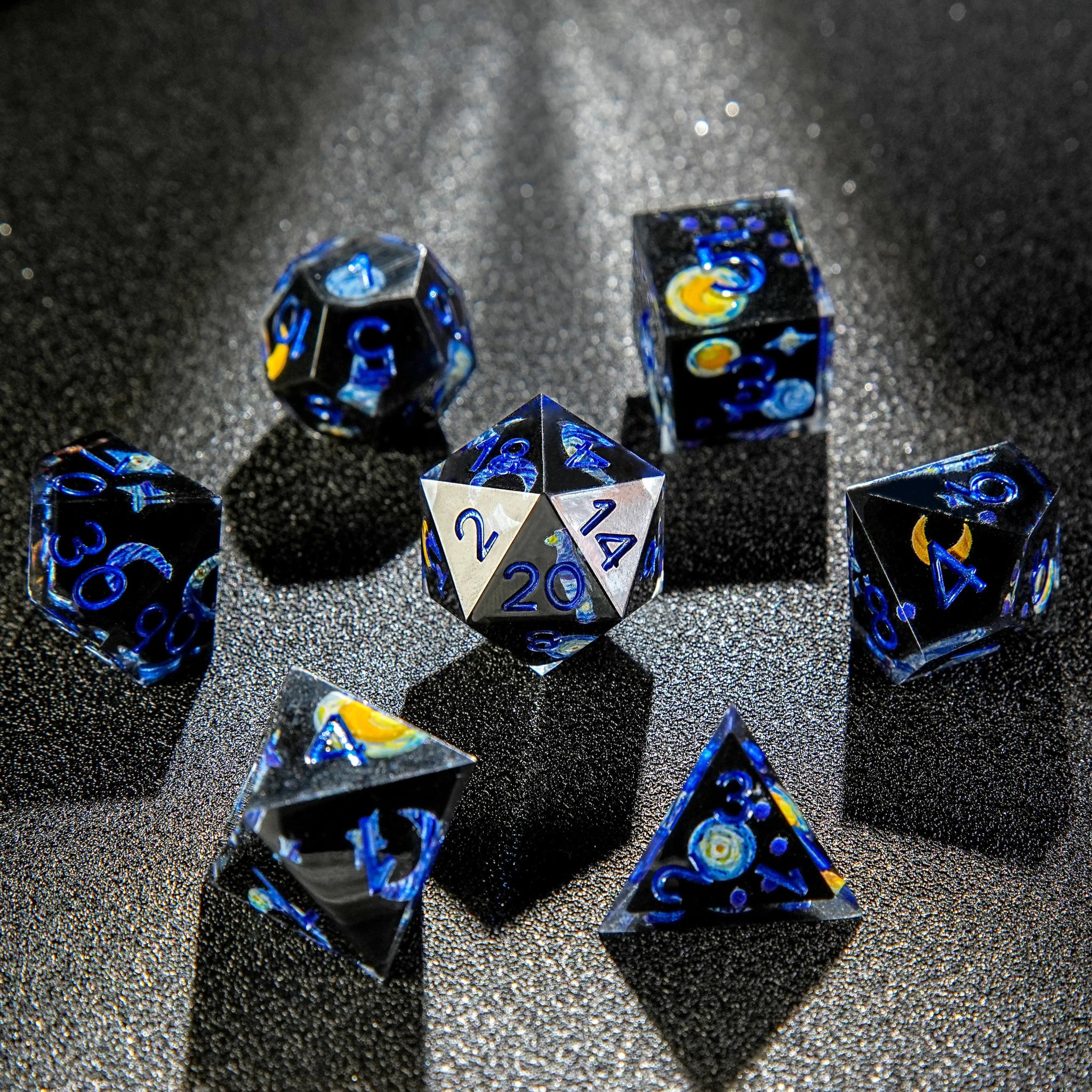 Van Gogh Dark Blue Resin DND Dice Set + Blue Font - Bear Dice