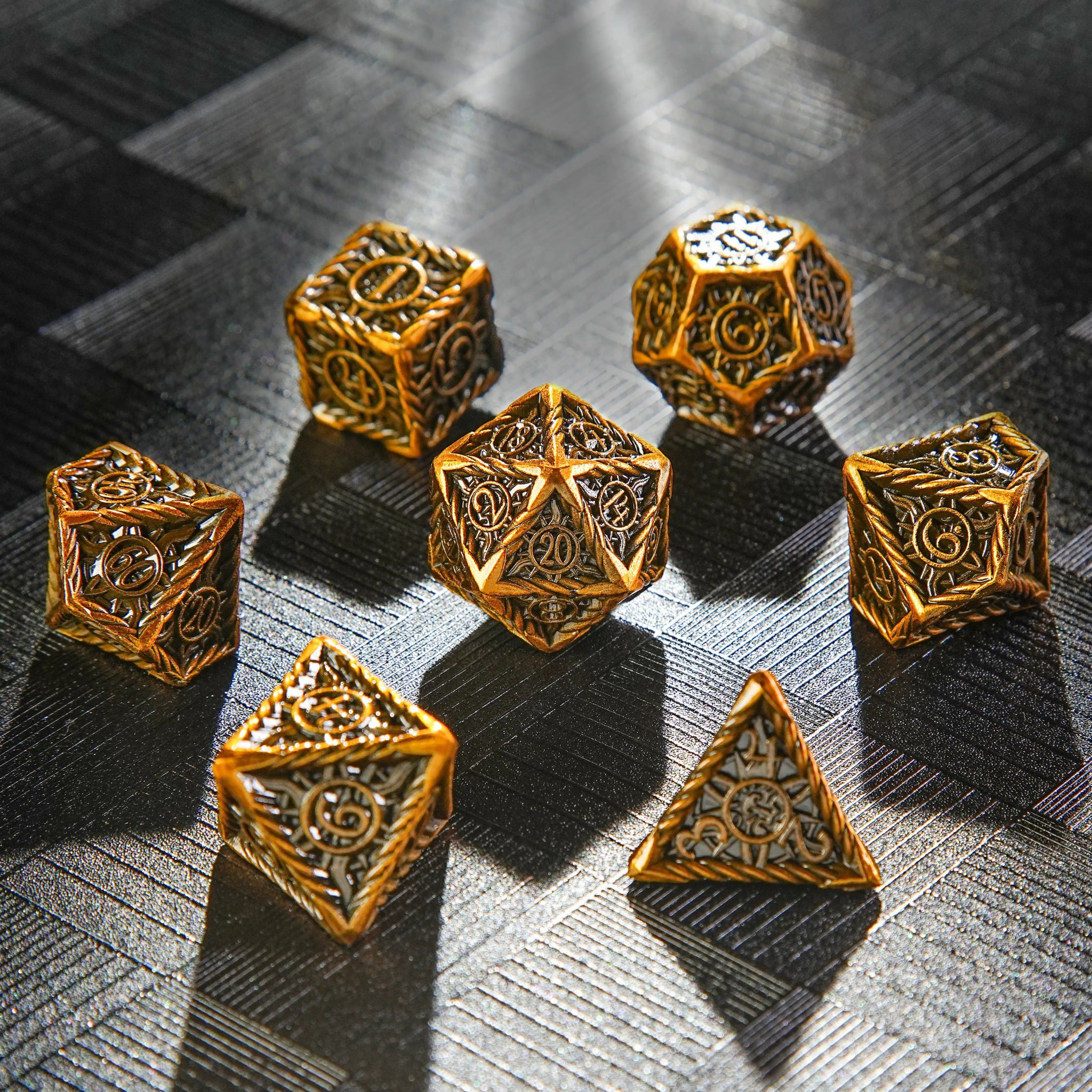 Vintage Sun Pattern Antique Gold Solid Metal RPG Dice Set - Bear Dice