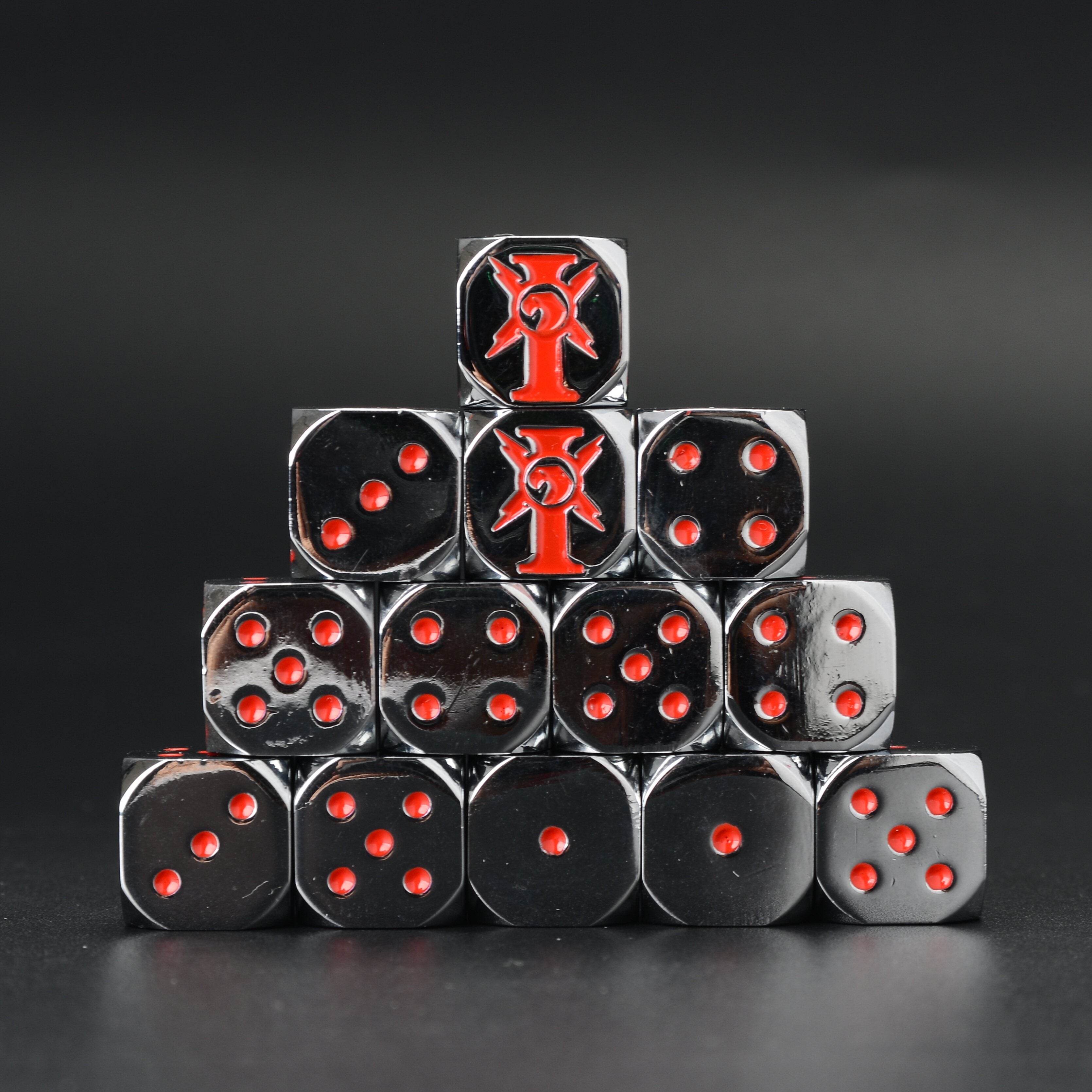 Warhammer 40K Imperial Chaos Star Metal D6 Dice Set of 10 — Full Black Chrome Pyramid Display with Red Pip Inlays | Bear Dice