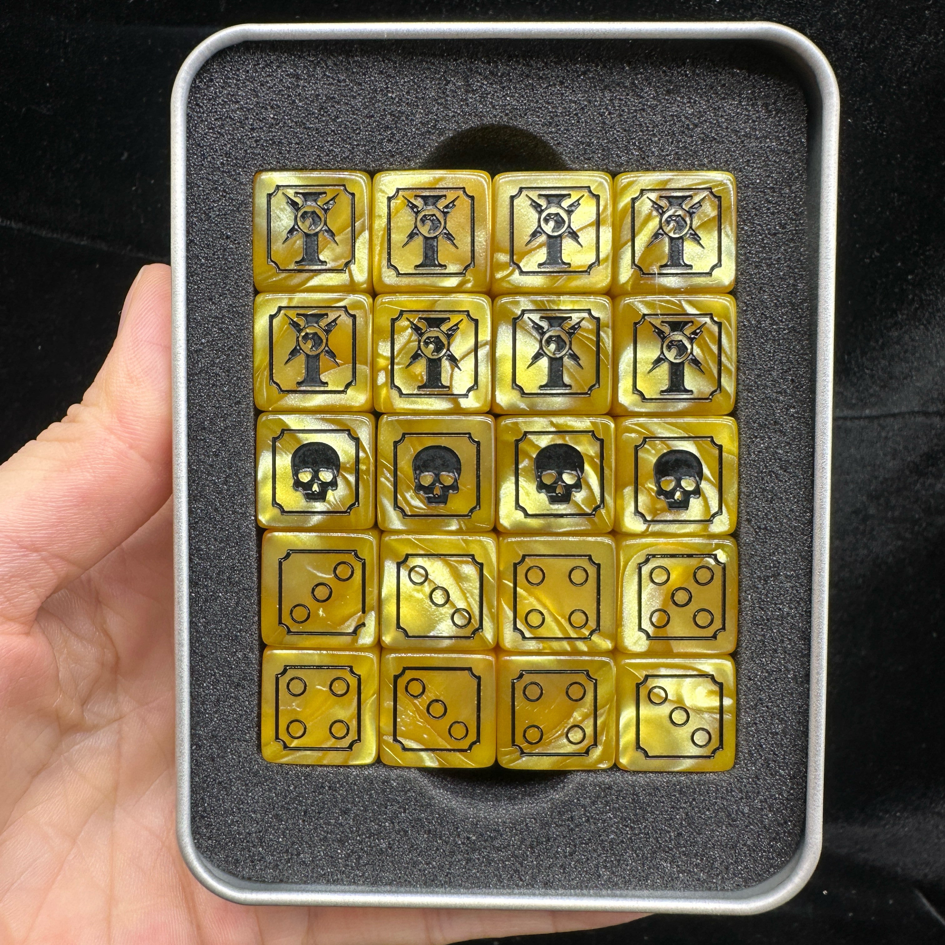 Warhammer 40K Imperial Guard Yellow Acrylic D6 Dice Set of 20 — Hand-Held Metal Tin Box Top View Showing Astra Militarum Badge, Skull and Black Pip Faces in Foam Insert | Bear Dice