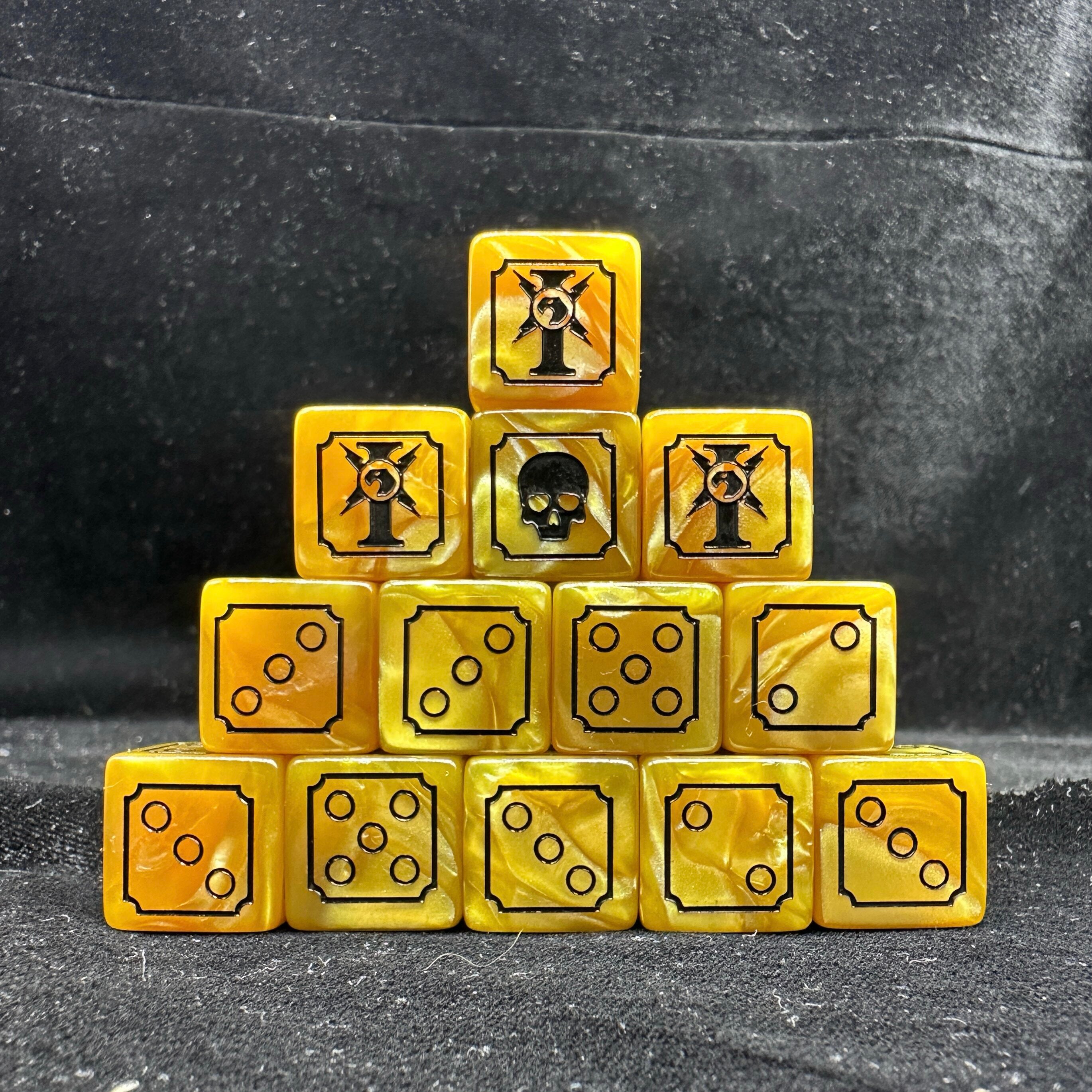 Warhammer 40K Imperial Guard Yellow Acrylic D6 Dice Set of 20 — Pyramid Stack on Metal Tin Box Showing Astra Militarum Badge 6-Face, Skull 1-Face and Black Pip Sides on Dark Background | Bear Dice