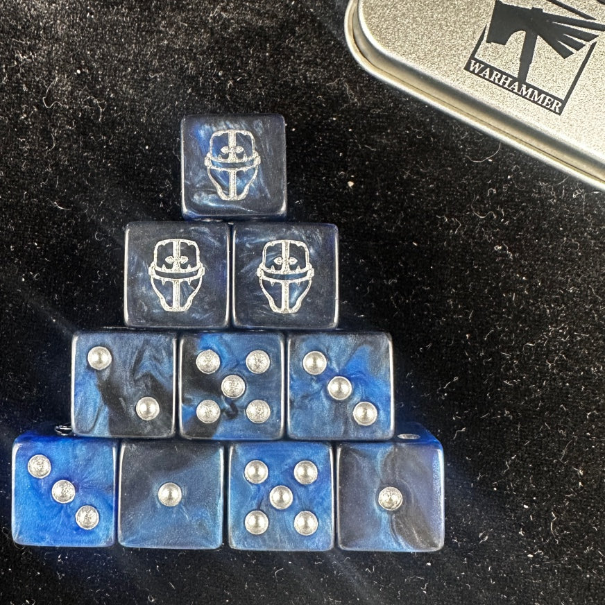 Warhammer 40K Imperial Knight Acrylic D6 Dice blue-black marble acrylic spread on table | Bear Dice
