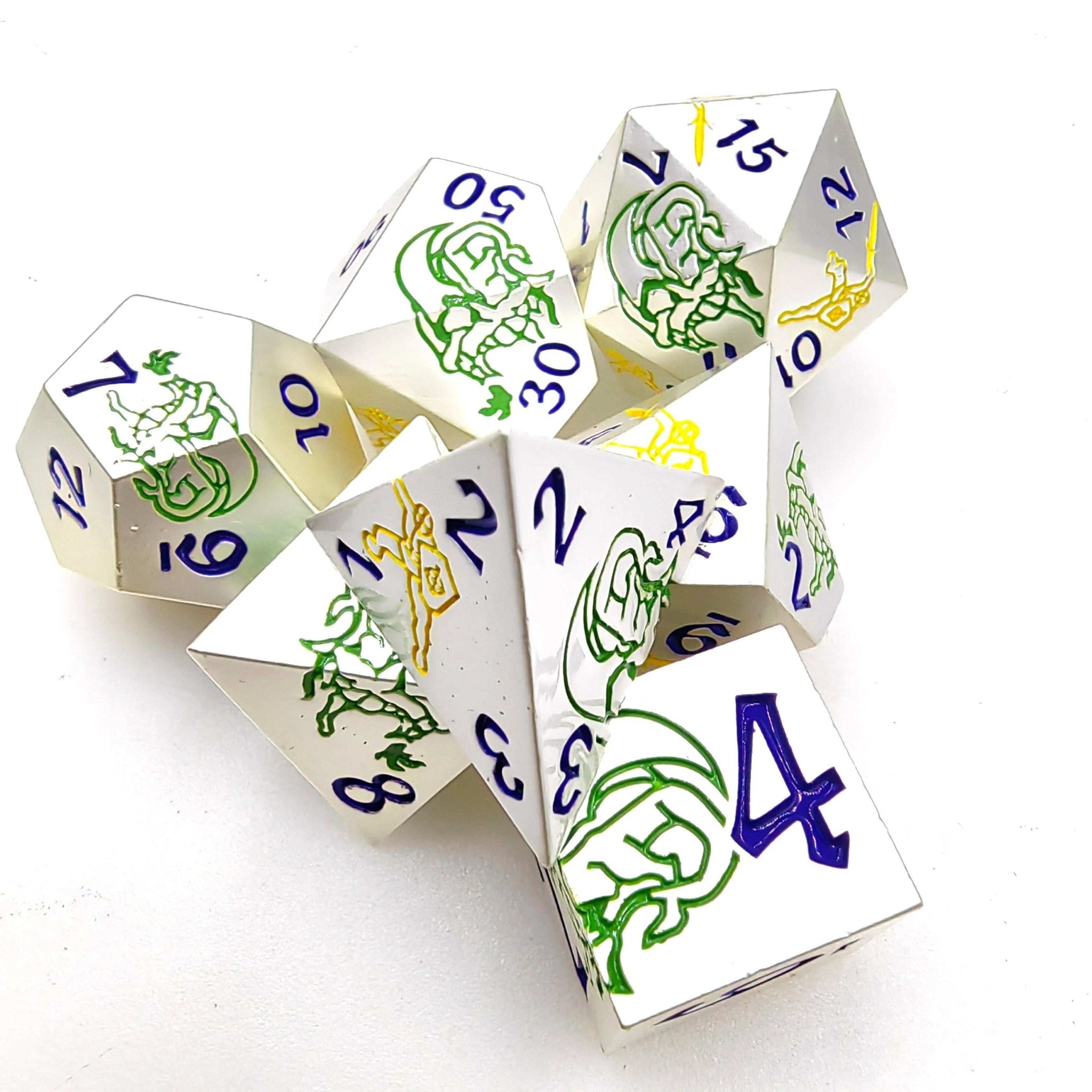 White metal dice set with yellow warrior and green dragon + blue font dnd dice - Bear Dice