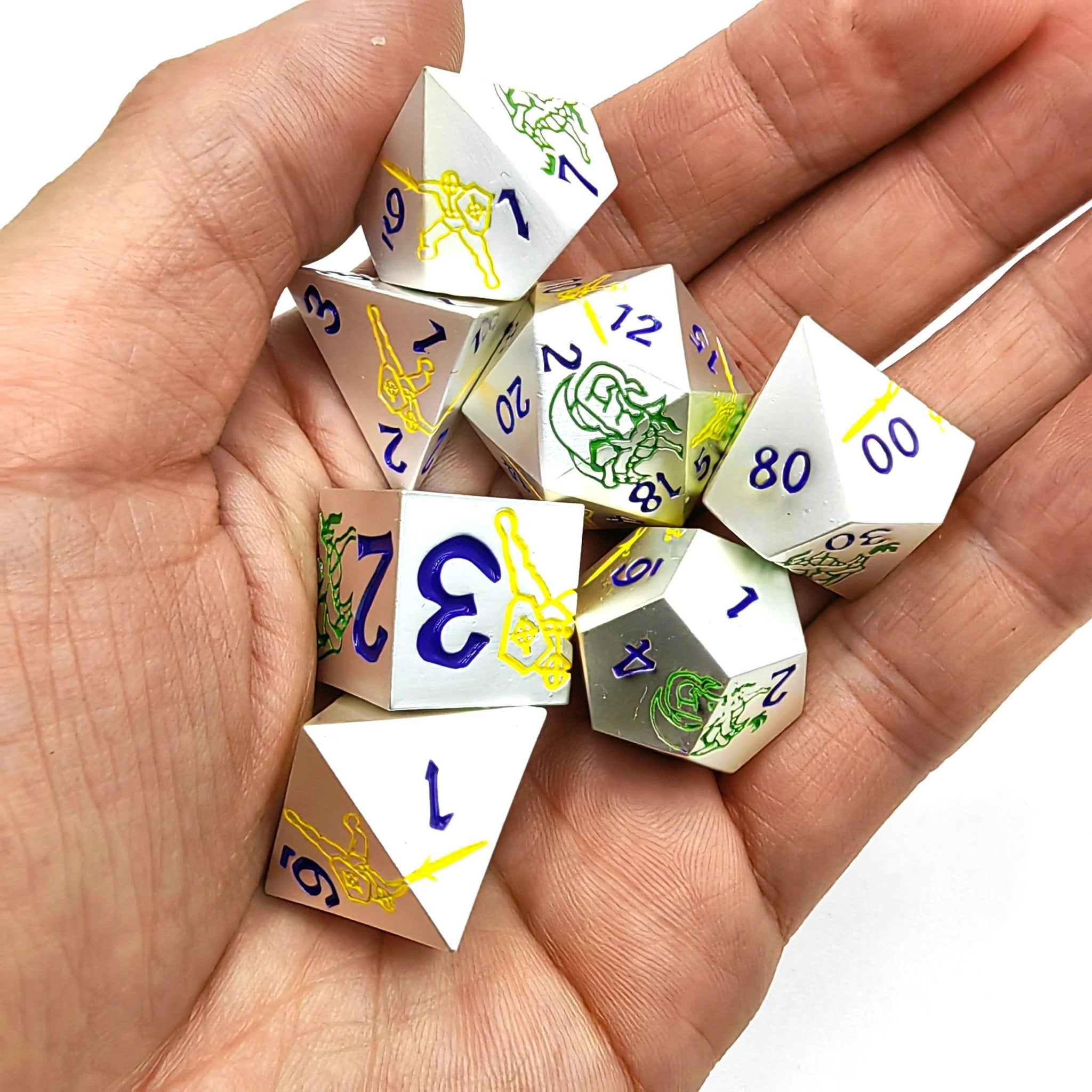 White metal dice set with yellow warrior and green dragon + blue font dnd dice - Bear Dice