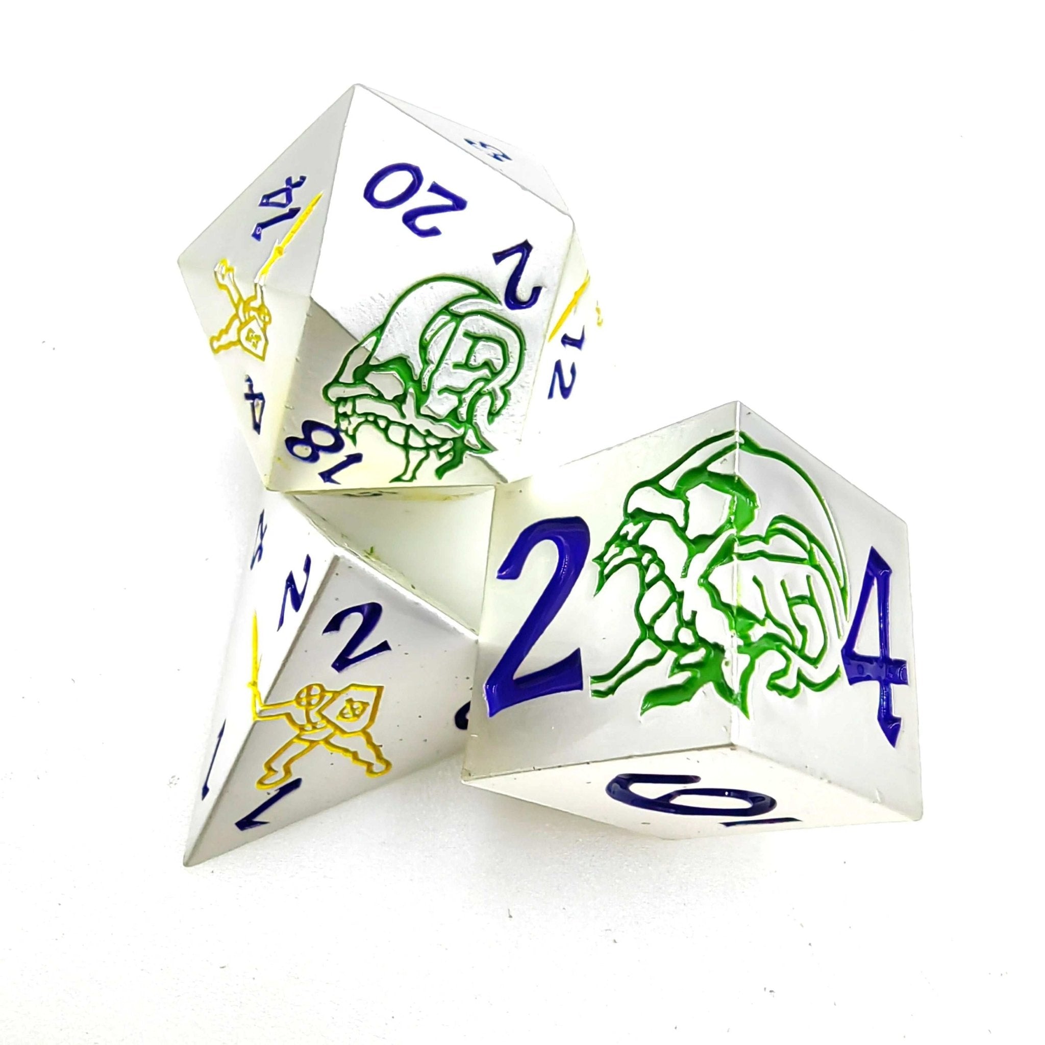White metal dice set with yellow warrior and green dragon + blue font dnd dice - Bear Dice