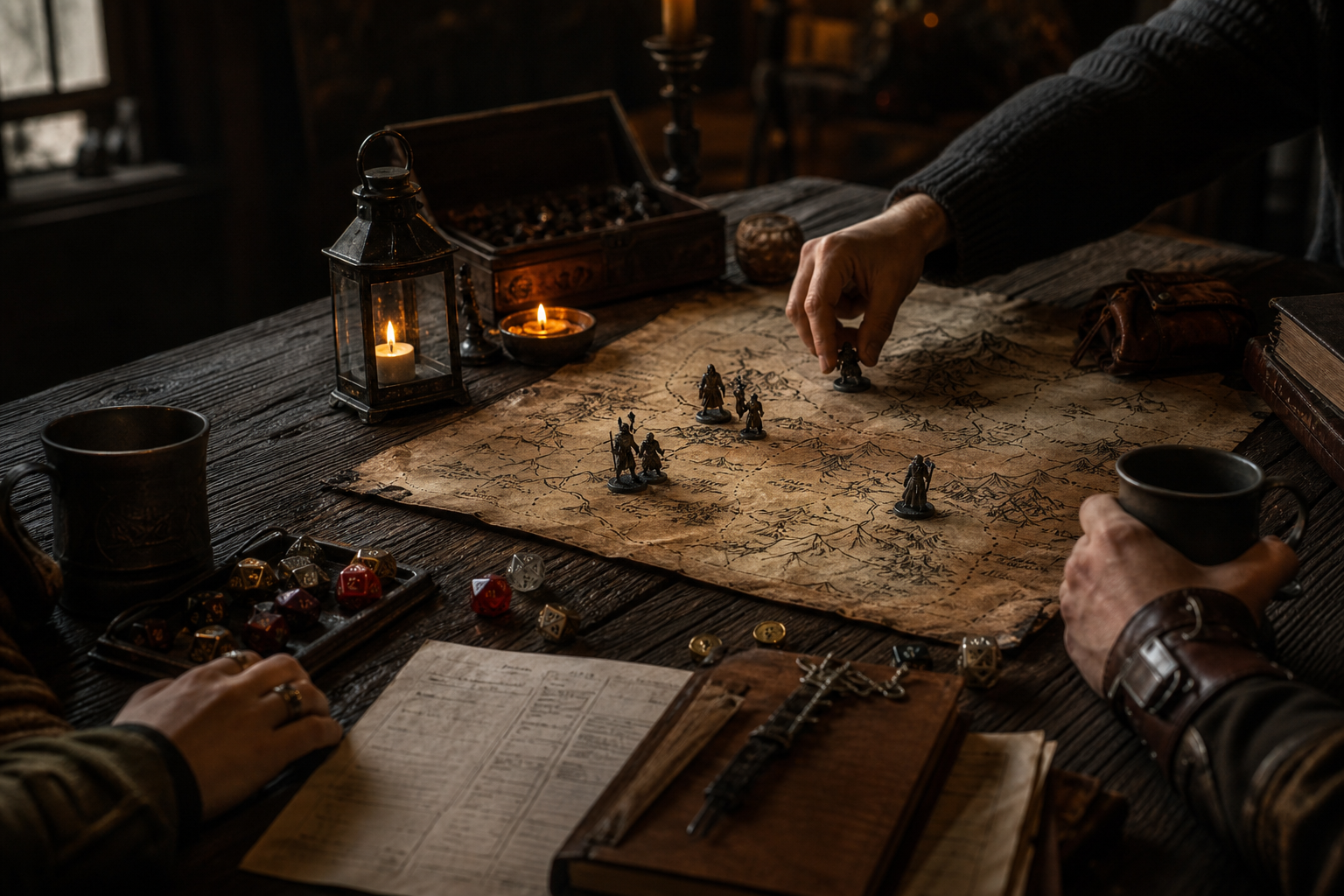 A D&D tabletop adventure beginning around a map and dice